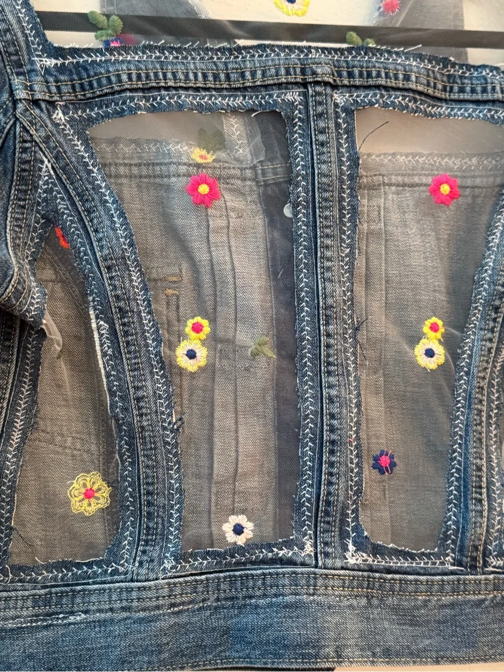 LEVI JEAN JACKET UPCYCLED with Floral Lace. HANDMADE Granny D Original OOAK MED - Picture 4 of 11